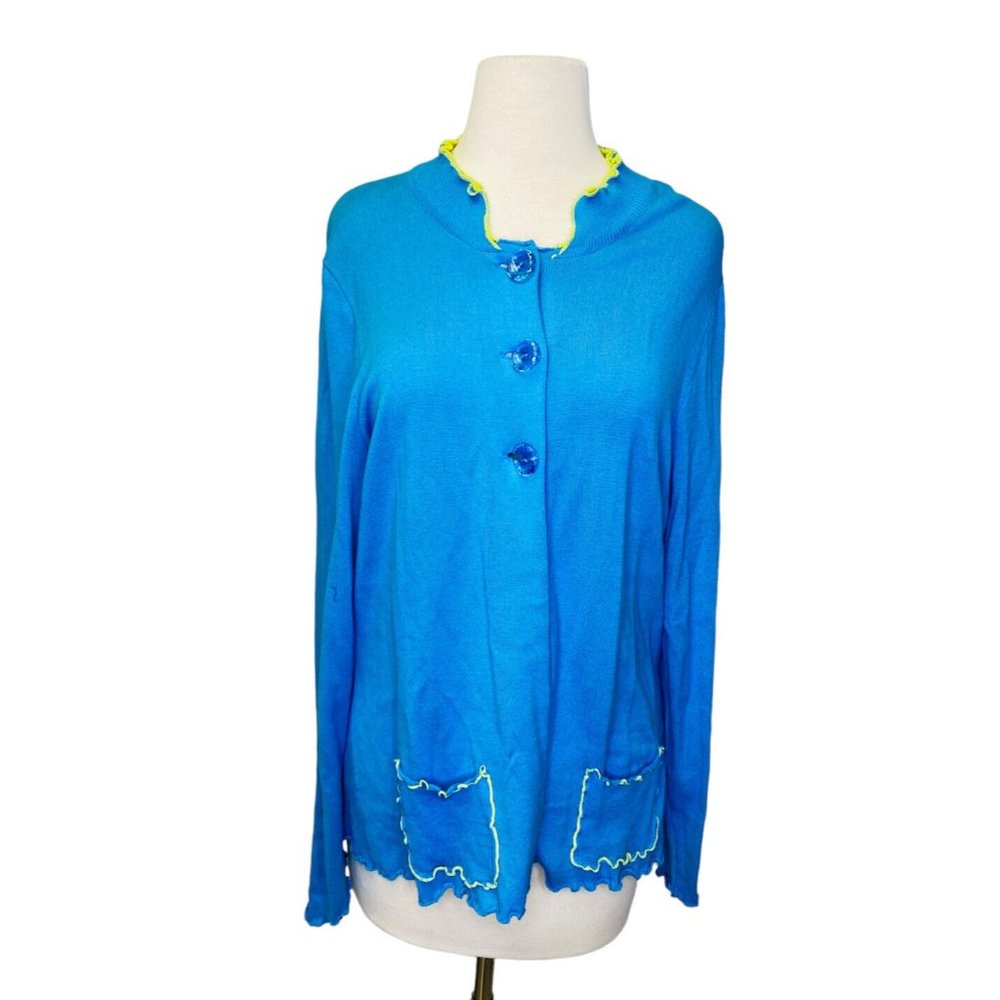 Venario Knit Cardigan Womens XL Aqua Blue Green Ruffle Long Sleeve Lagenlook